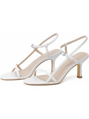 Women's Strappy Square Open Toe Heel White 05 Sandals Ankle Strap Stiletto Heel